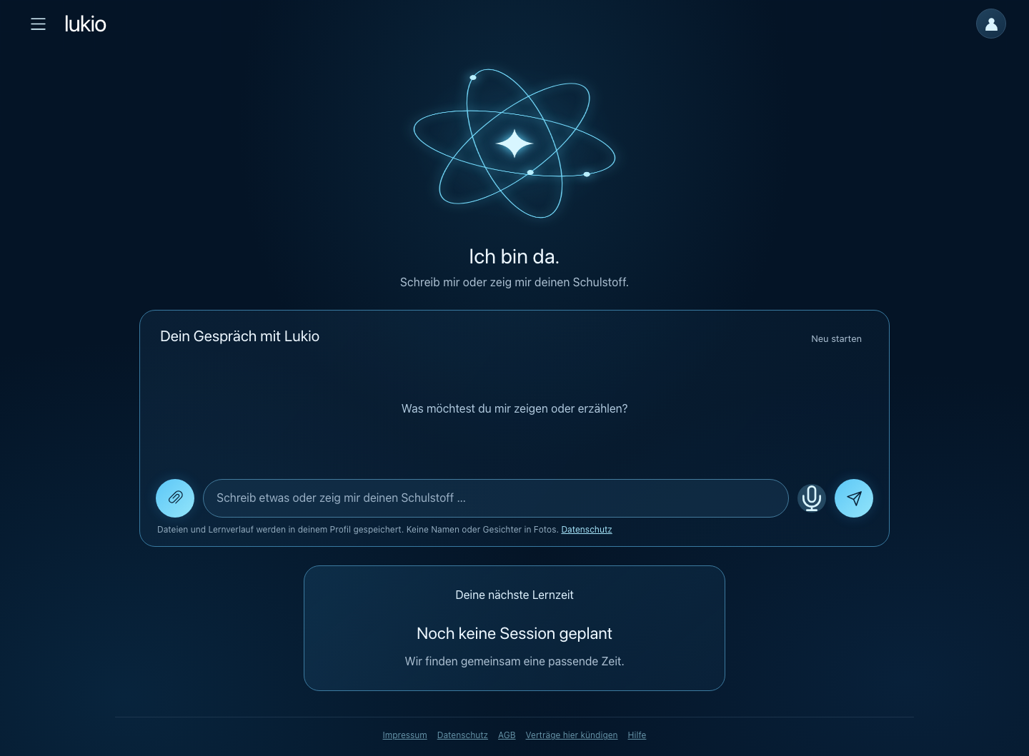 Lukio-Anwendung mit leuchtendem Atom, Chat und nächster Lernzeit